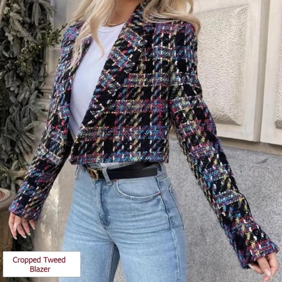 Cropped Tweed Jacket Multicolor Tartan Plaid Jacket Buttoned - Picture 1 of 11